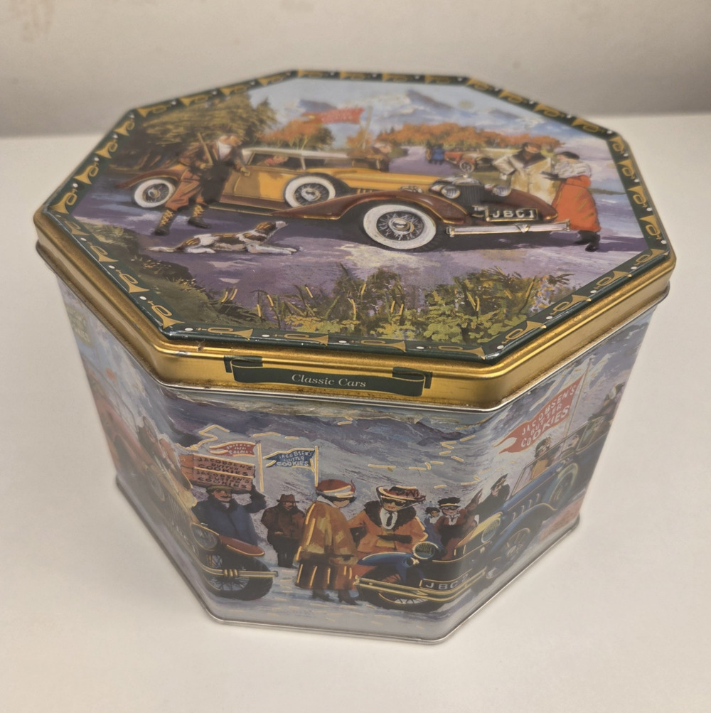 Jacobsen Bakery Ltd Denmark Classic Cars Octagonal Biscuit Tin w/ Lid